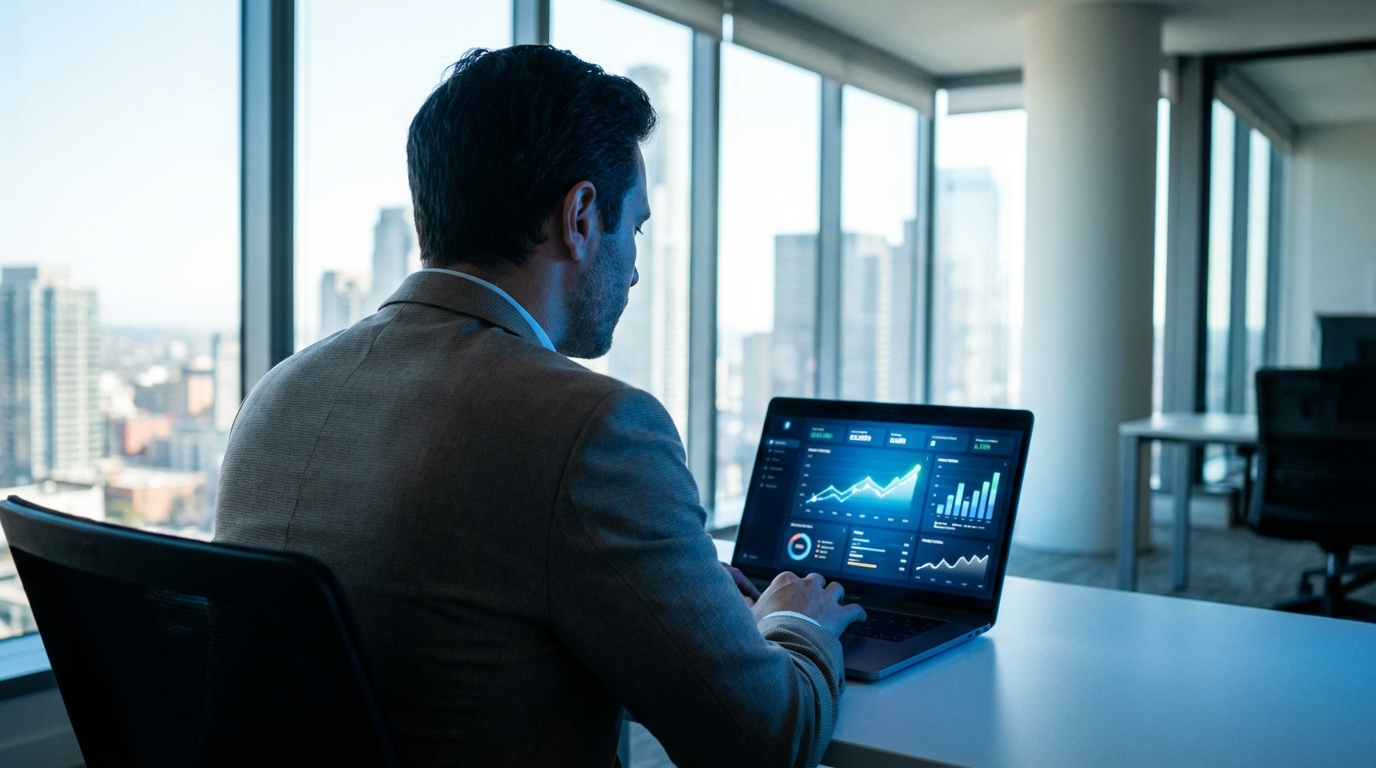 Successful business owner looking at a glowing dashboard on a laptop, representing business growth with AI