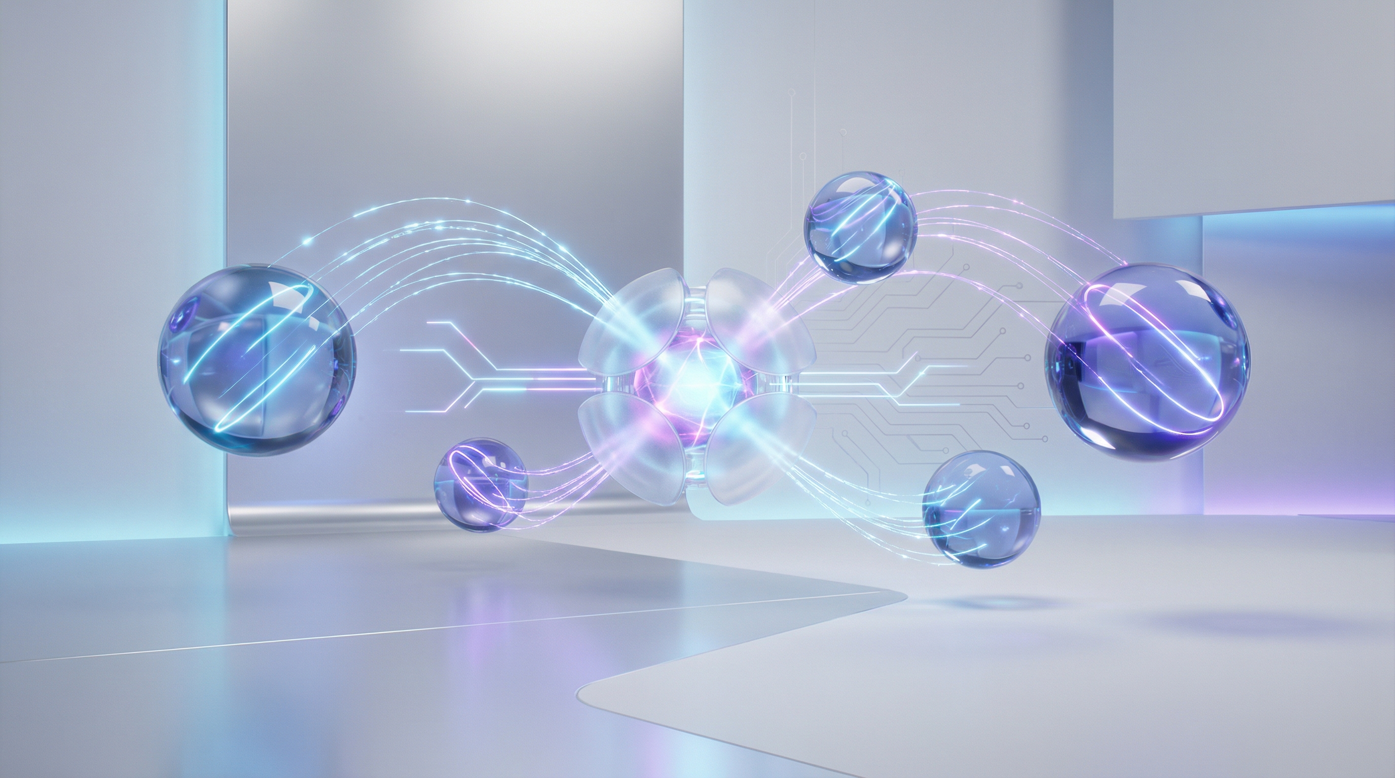 Abstract 3D visualization of AI data routing and automation for service businesses