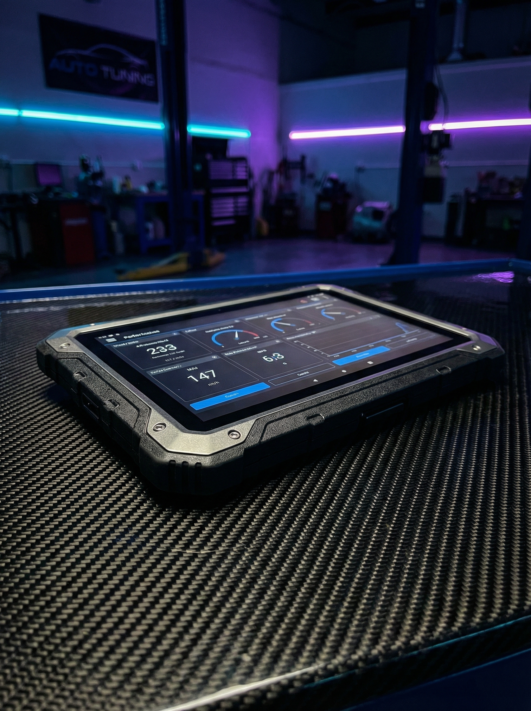 Rugged tablet showing AI status updates on a carbon fiber surface in an auto repair shop