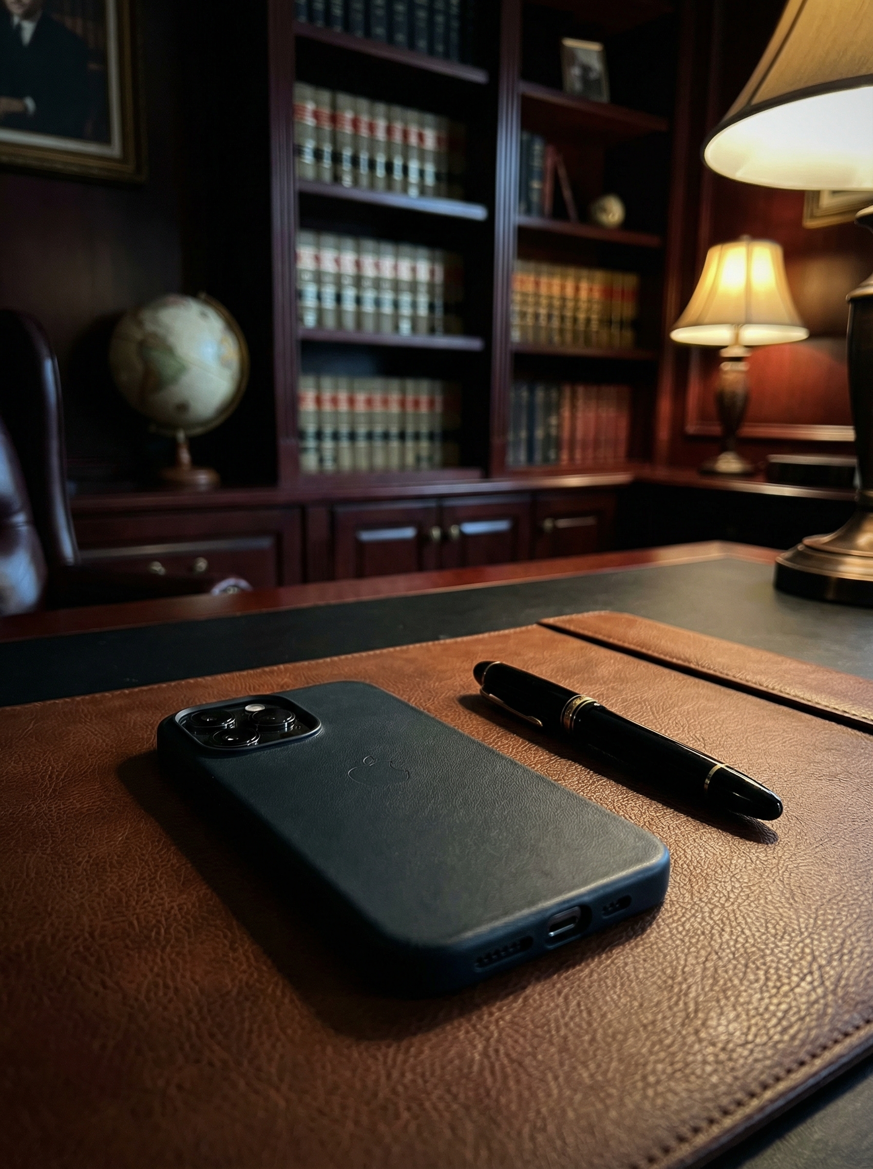 Premium smartphone with AI legal intake app next to a fountain pen on a leather desk pad