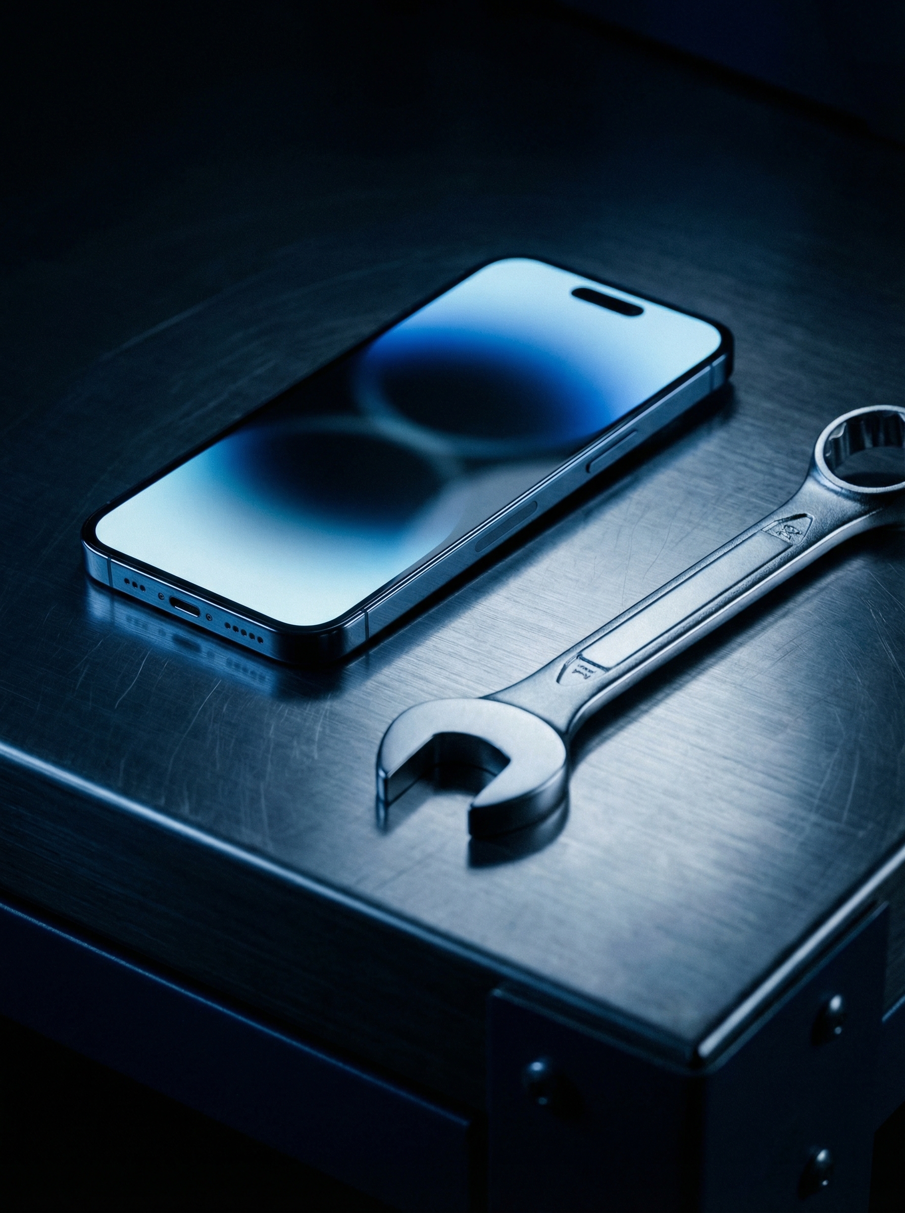 Smartphone with AI dispatch app next to a wrench on a dark workbench