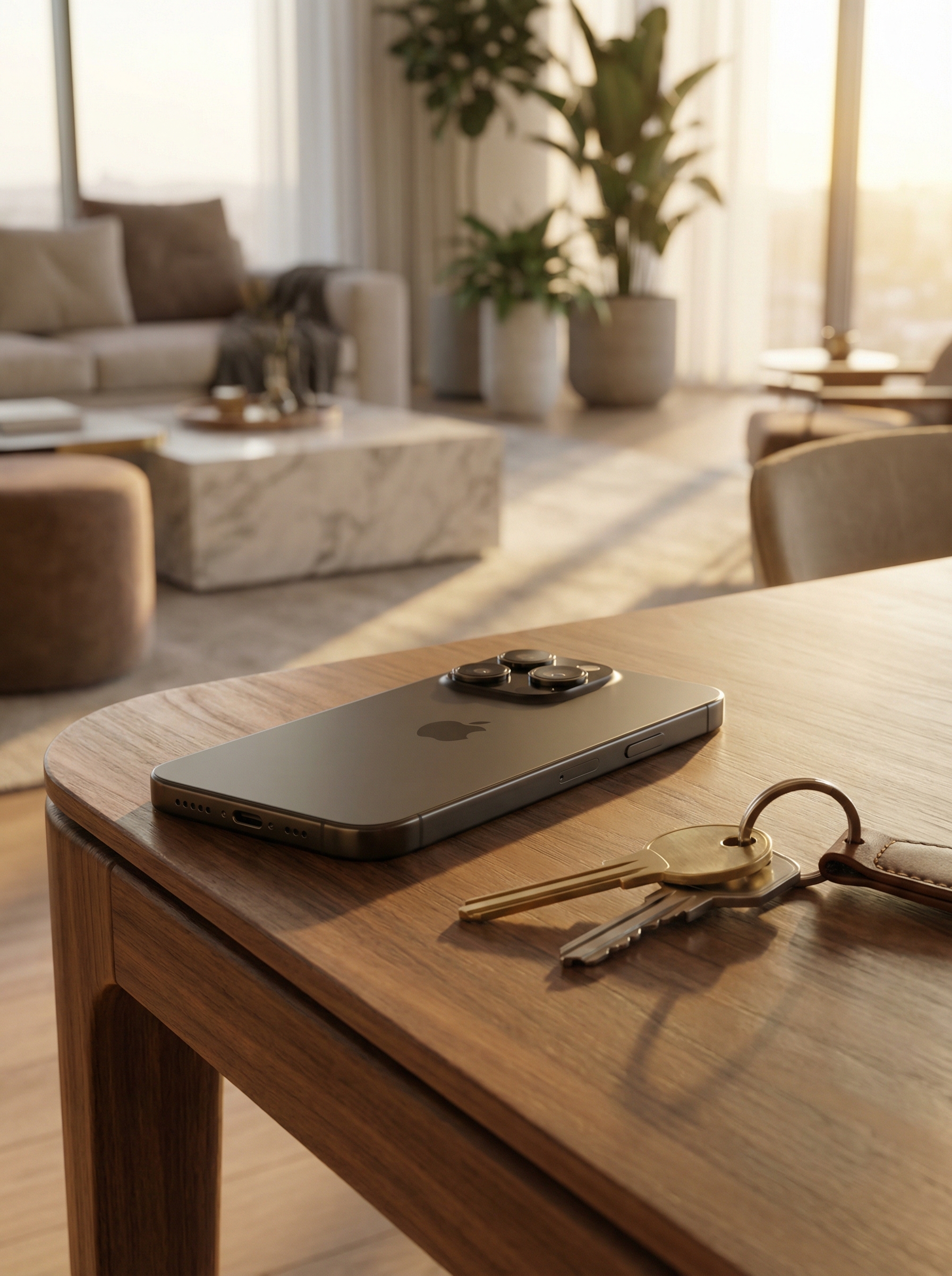 Smartphone with AI showing scheduler next to metal house keys on a wooden table